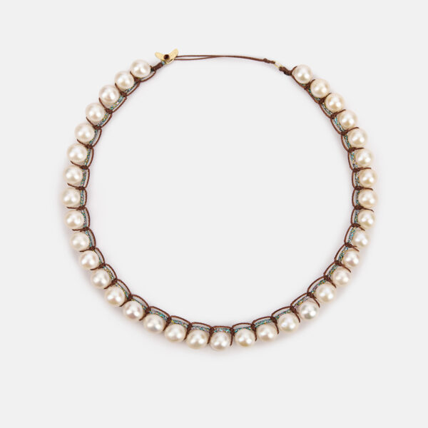 Special Edition! Embroidered moon gold colored "stardust" choker with white freshwater pearls 8-8.5mm in rainbow sparkly and brown cord