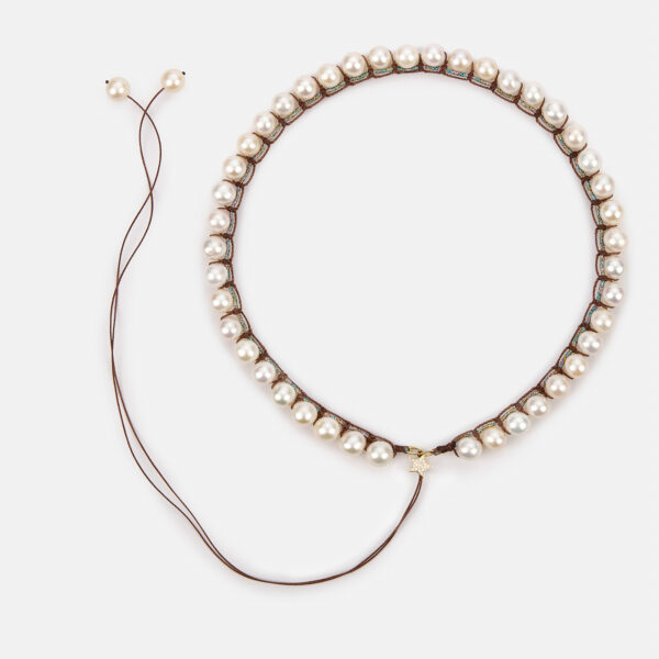 Special Edition!  Embroidered large superstar gold colored "stardust" necklace with white freshwater pearls 8-8.5mm in rainbow sparkly and brown cord