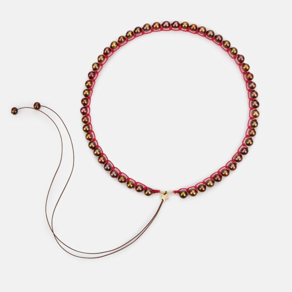 Embroidered star gold colored "true pulse" necklace with chocolate freshwater pearls 6mm in dark pink and dark red cord