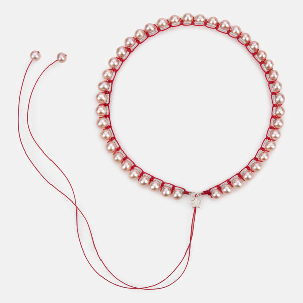 Limited Edition! Embroidered large superstar white colored “love” necklace with pink freshwater pearls 7-7.5mm with silver sparkly and red cord