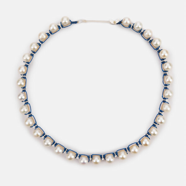 Limited Edition! Embroidered moon white colored "root" necklace with white freshwater pearls 8-8.5mm and zircon in beige and blue cord