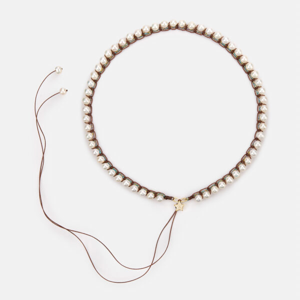 Special Edition!  Embroidered large superstar gold colored "stardust" necklace with white freshwater pearls 5.5-6mm in rainbow sparkly and brown cord