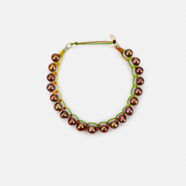 Embroidered moon gold 9k “inner tone” bracelet  with chocolate freshwater pearls 4.5-5mm and in silver sparkly and multicolour cord