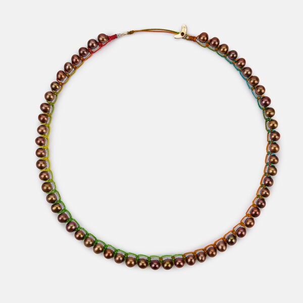 Embroidered moon gold 9k “inner tone” necklace with chocolate freshwater pearls 4.5-5mm in silver sparkly and rainbow cord