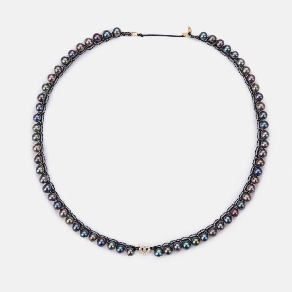 Embroidered moon gold 9k “my heart” necklace with heart with white diamonds 0,06ct and dark grey freshwater pearls 4.5-5mm in black and black sparkly cord