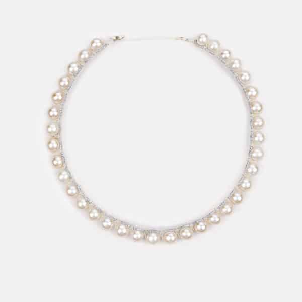 Embroidered moon white colored "white flame" choker with white freshwater pearls 8-8.5mm in silver sparkly and ivory cord