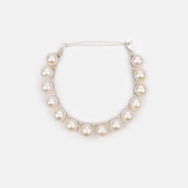 Embroidered moon white colored "white flame" bracelet with white freshwater pearls 8-8.5mm in silver sparkly and ivory cord