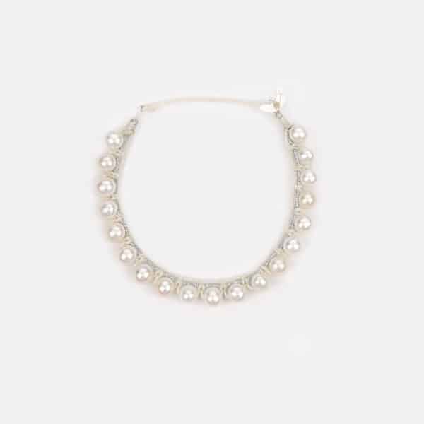 Embroidered moon white colored "white flame" bracelet with white freshwater pearls 5.5-6mm in silver sparkly and ivory cord