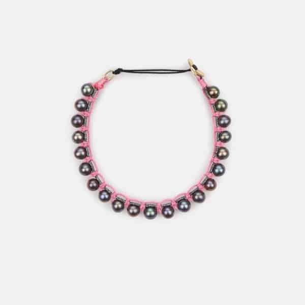 Embroidered moon gold colored "Spirit" bracelet  with dark grey freshwater pearls 4.5-5mm and in black sparkly and pink cord
