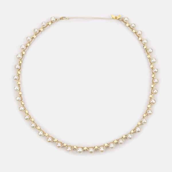 Limited Edition! Lunar Orbit embroidered moon gold colored necklace with white freshwater pearls 5-5.5mm, inspired from rockstars