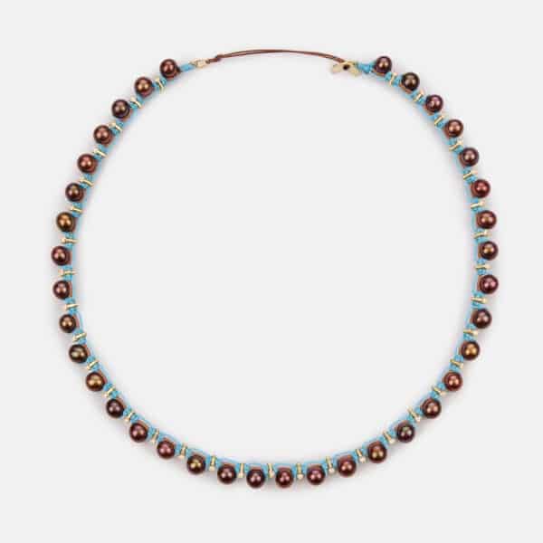 Limited Edition!  Embroidered moon gold colored "root" necklace with chocolate freshwater pearls 6-6.5mm and zircon