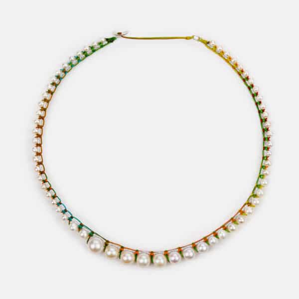 Special Edition!  Embroidered moon white colored "daydream" necklace with white freshwater pearls 4.5-5, 5.5-6, 7-7.5, 8-8.5 and 9-9.5mm in silver sparkly and multicolor cord