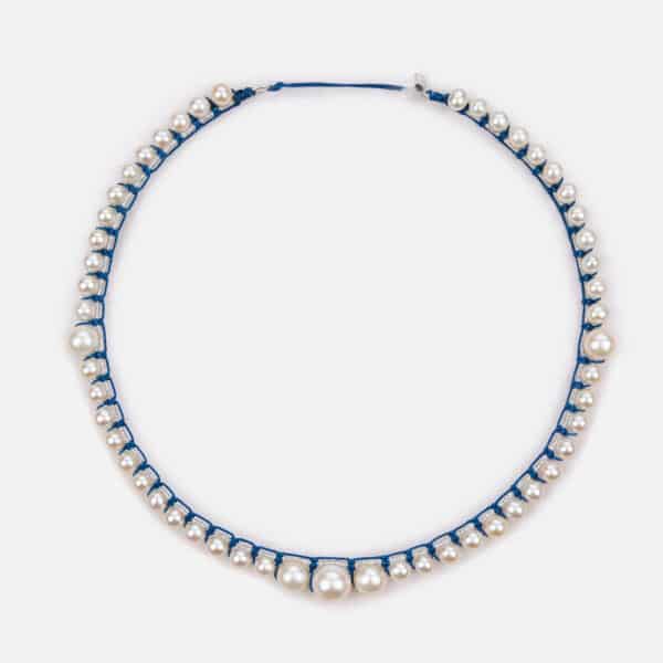 Special Edition!  Embroidered moon white colored "ocean dream" necklace with white freshwater pearls 5.5-6, 8-8.5 and 9-9.5mm in silver sparkly and ocean blue cord