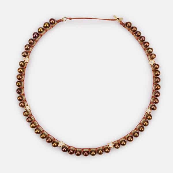 Limited Edition! Embroidered moon gold colored "waffle star" necklace with chocolate freshwater pearls 5.5-6mm and superstars with golden sparkly and brown cord