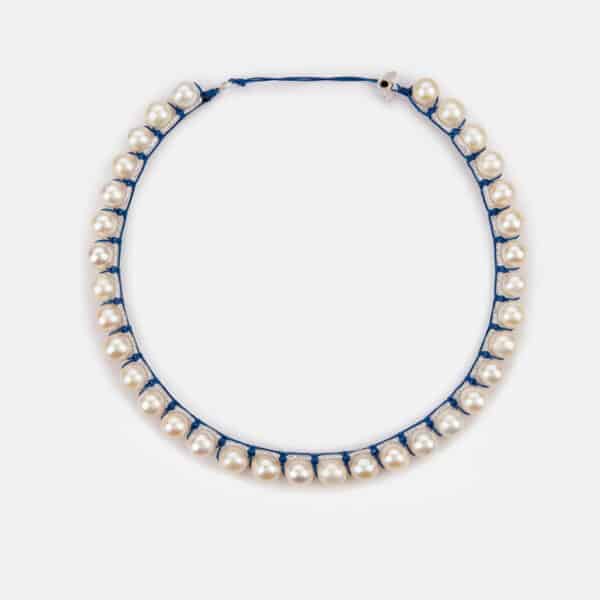 Embroidered moon white colored "ocean" choker with white freshwater pearls 8-8.5mm in silver sparkly and ocean blue cord