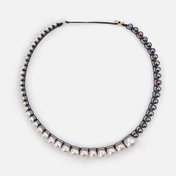 Special Edition! Embroidered moon yellow colored "nightfall" necklace with white and dark grey freshwater pearls 4.5-5, 5.5-6, 7-7.5, 8-8.5 and 9-9.5m in black sparkly and black cord