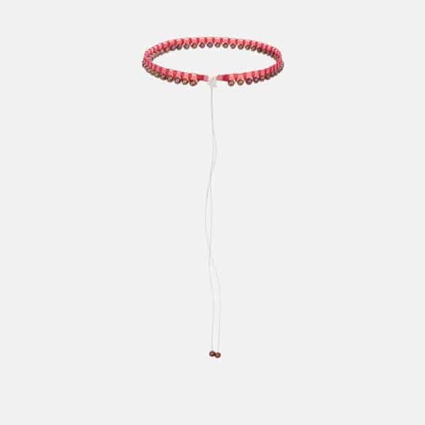 Embroidered large superstar white colored "second skin" necklace with chocolate freshwater pearls 5.5-6mm with pink and burgundy cord