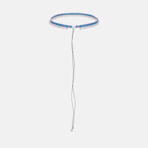 Embroidered large superstar white colored "second skin" necklace with white freshwater pearls 5.5-6mm with blue and lilac cord