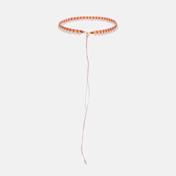 Embroidered large superstar gold colored "second skin" choker with white freshwater pearls 5.5-6mm with yellow and coral cord