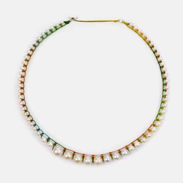 Special Edition!  Embroidered moon white colored "daydream" necklace with white freshwater pearls 4.5-5, 5.5-6, 7-7.5, 8-8.5 and 9-9.5mm in silver sparkly and multicolor cord