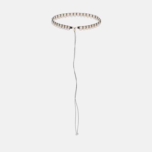 Special Edition! Embroidered large superstar gold colored "second skin" choker with white freshwater pearls 7-7.5mm with off-white and black cord