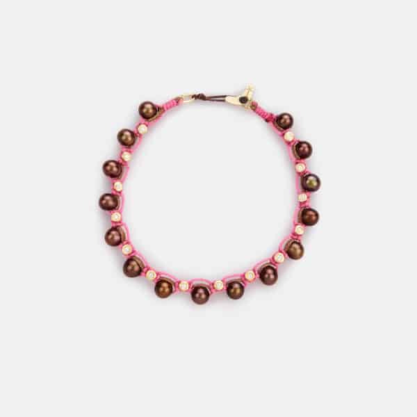 Limited Edition! Embroidered moon gold colored "candy eclipse" bracelet with chocolate freshwater pearls 5.5mm and zircon in camel and pink cord