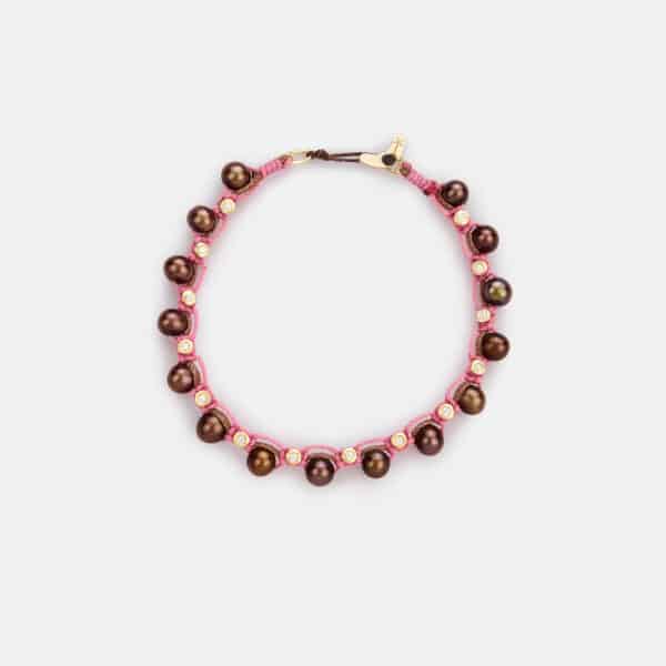 Limited Edition! Embroidered moon gold colored "candy eclipse" bracelet with chocolate freshwater pearls 5.5mm and zircon in camel and pink cord