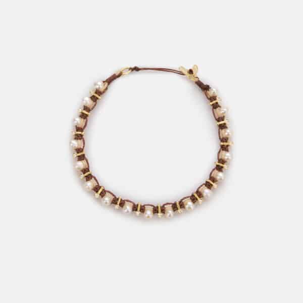 Special Edition! Embroidered moon gold colored “root” bracelet with white freshwater pearls 3.5-4.5mm and zircon