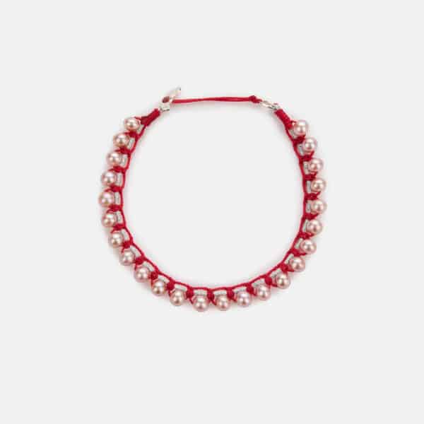 Limited Edition! Embroidered moon white colored “love” bracelet with pink freshwater pearls 3.5-4.5mm in silver sparkly and red cord