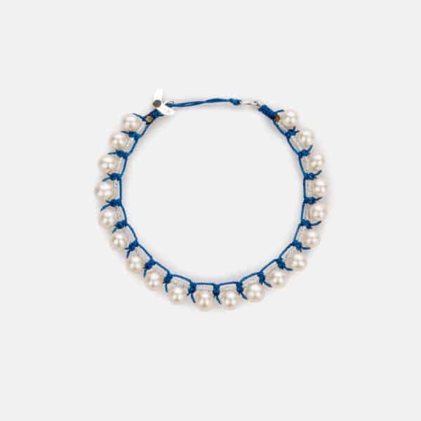 Embroidered moon white colored "ocean sparkly" bracelet with white freshwater pearls 5.5-6mm in silver sparkly and ocean blue cord