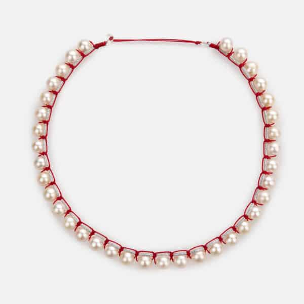 Embroidered moon white colored "heartbeat sparkly" choker with white freshwater pearls 8-8.5mm in silver sparkly and red cord