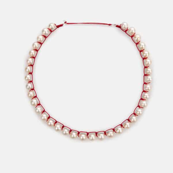 Embroidered moon white colored "heartbeat sparkly" choker with white freshwater pearls 8-8.5mm in silver sparkly and red cord