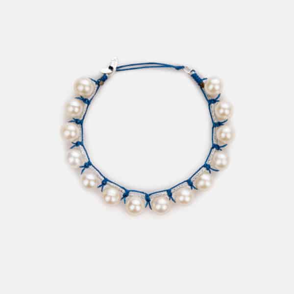 Embroidered moon white colored "ocean sparkly" bracelet with white freshwater pearls 8-8.5mm in silver sparkly and ocean blue cord