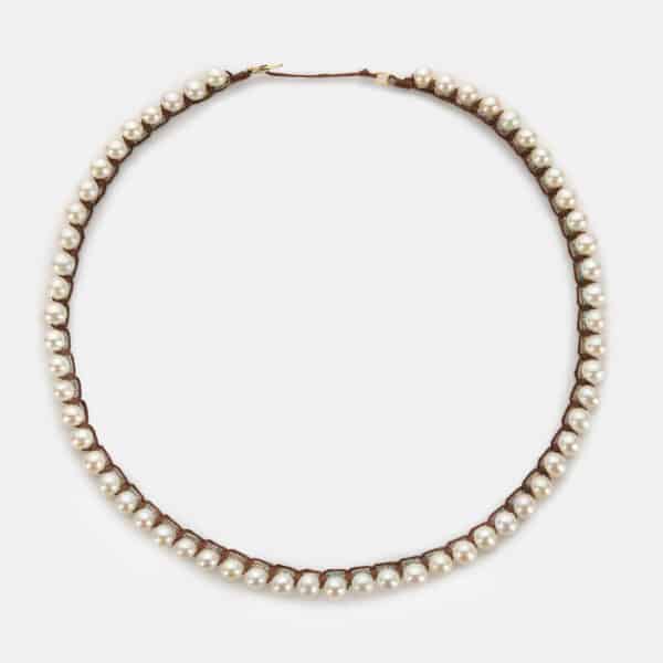 Special Edition! Embroidered moon gold colored "stardust" necklace with white freshwater pearls 5.5-6mm with rainbow sparkly and brown cord
